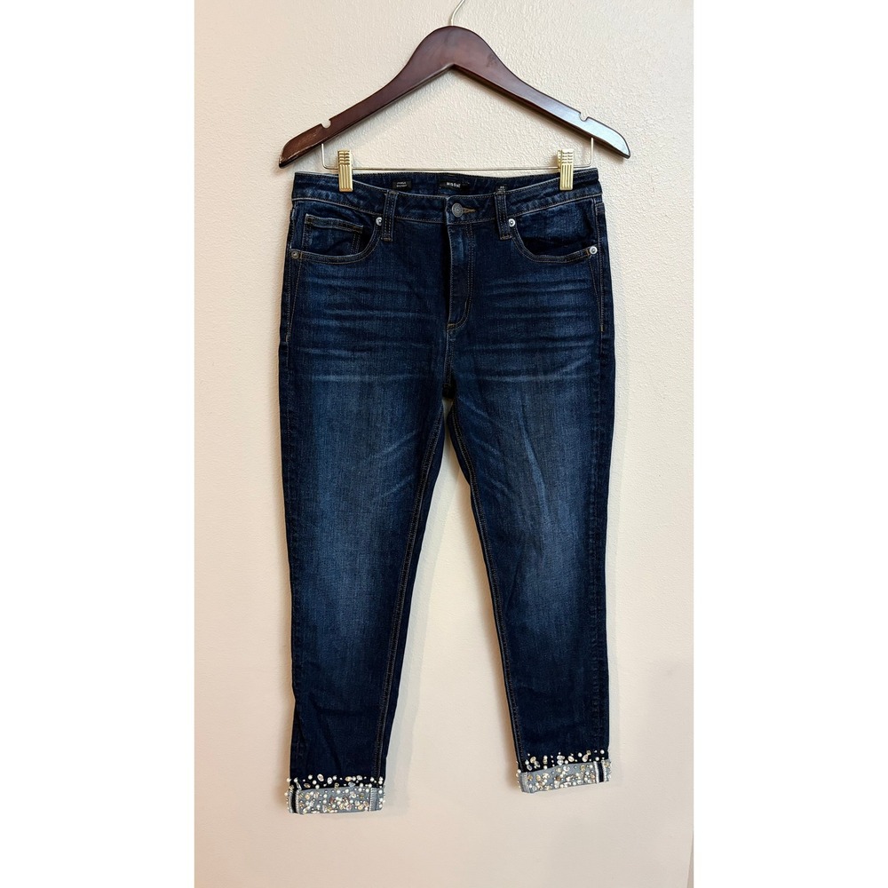 Miss Me Ankle Skinny Jeans 30 Pearl Rhinestone Embellished Cuff Dark Wash Denim